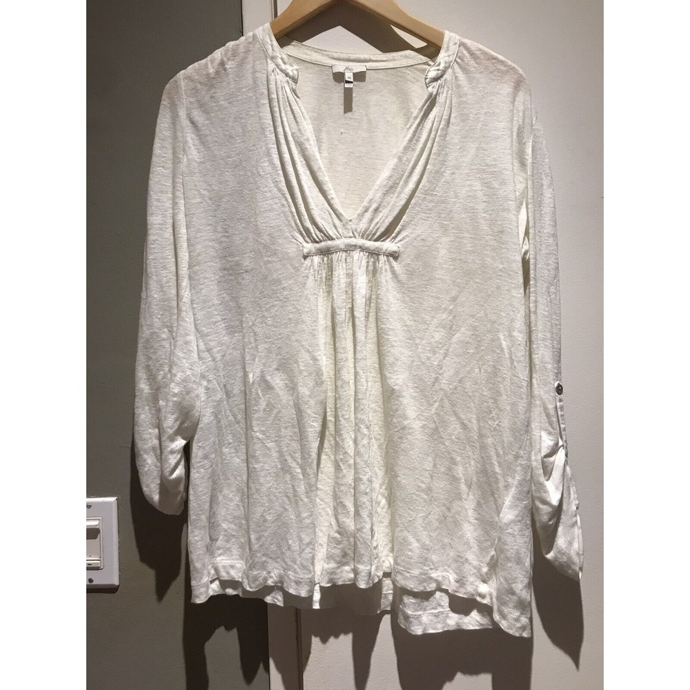 Mint Joie White 100% Linen Boho Top Adjustable length Sleeve MOP button, Size M